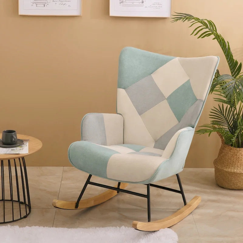 Mid-Century Patchwork Linen Rocking Chair with Wooden Legs
