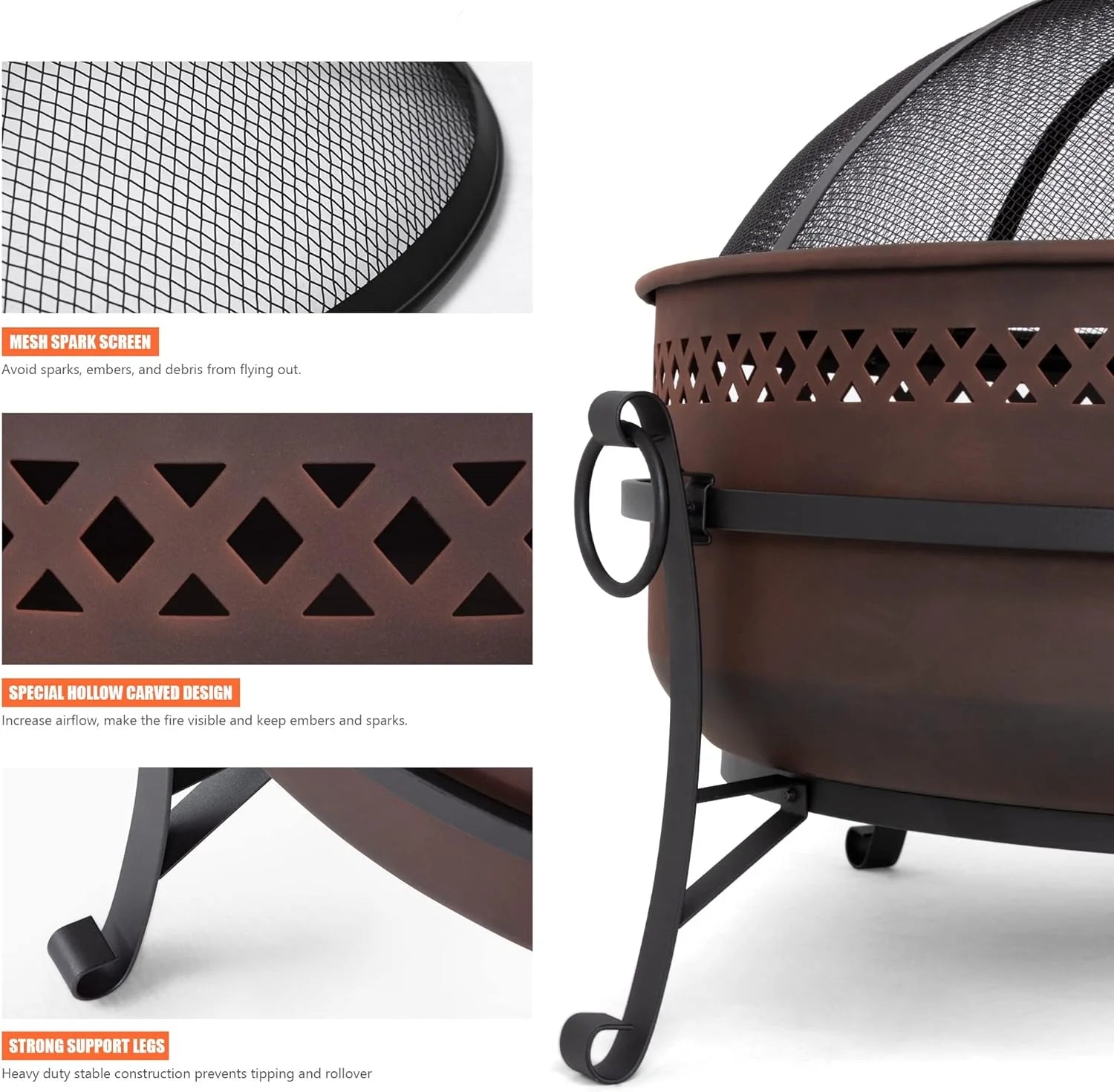 SUNCREAT 42�� Patio Fire Pit Wood Burning with Mesh Spark Screen, Bonfire Outdoor firepit with Fireplace Poker, Black