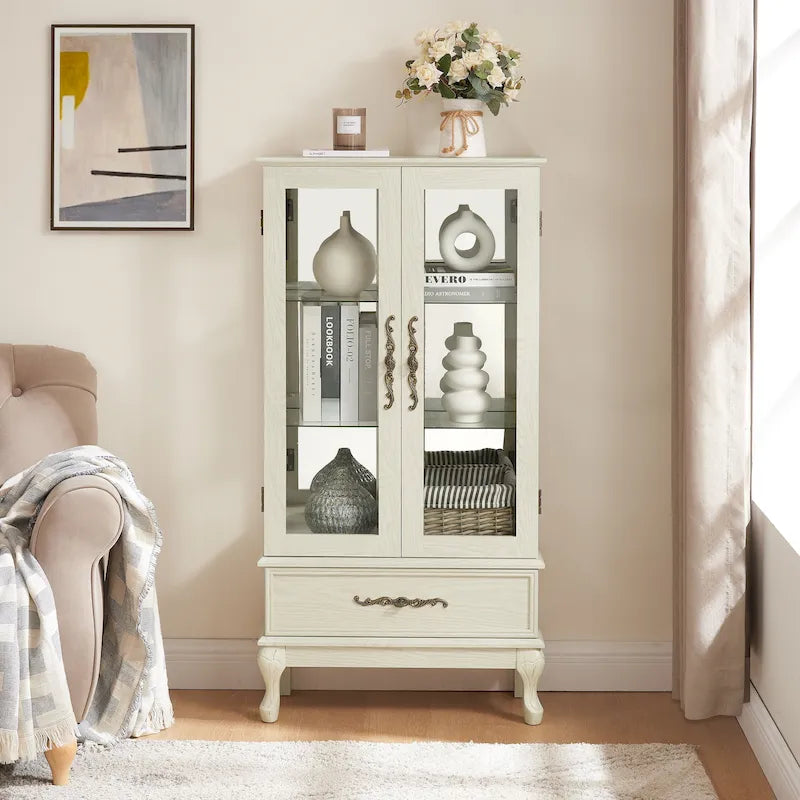 Illuminated Glass Curio Display Cabinet with Adjustable Shelves, Double Doors, and Drawer - Glass Wine Storage Solution