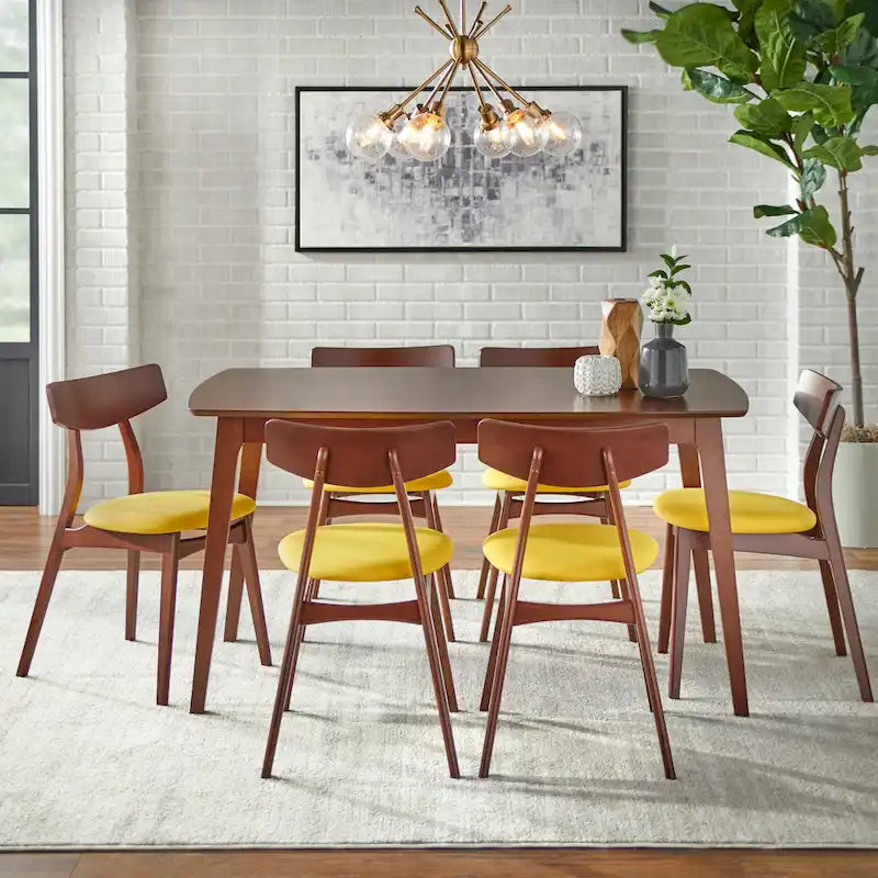 Mid Century Dining Table Set with 6 Upholstered Chairs and Wooden Frame