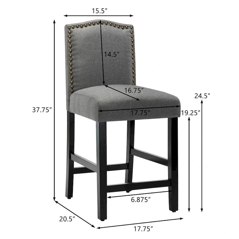 Set of 2 Counter Height Bar Stools with Back - 24-Inch Fabric Upholstered Design and Nailhead Trim
