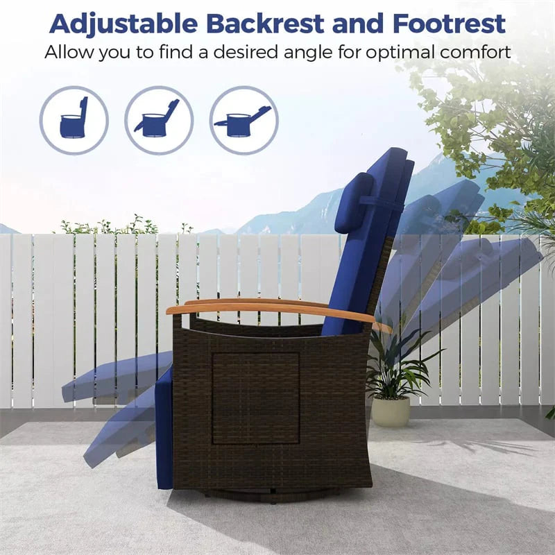 Outdoor 360° Swivel Rattan Recliner Chair with Adjustable Backrest & Footrest, Patio Wicker Chaise Lounge Chair with Flip Side Table & Cushion
