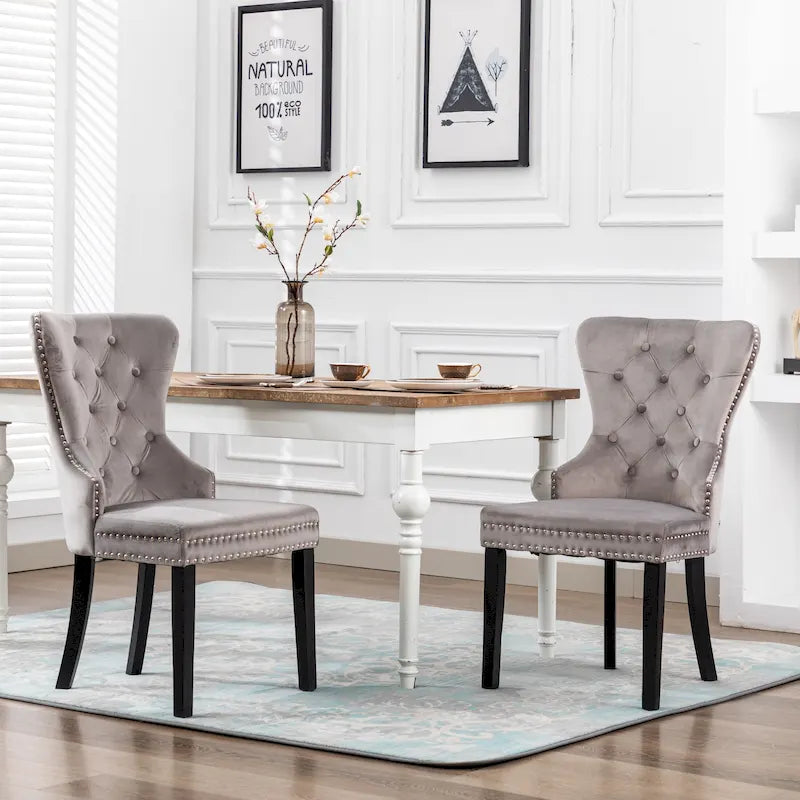 Set of 2 Grandview Tufted Upholstered Dining Chairs with Nailhead Trim and Ring Pull