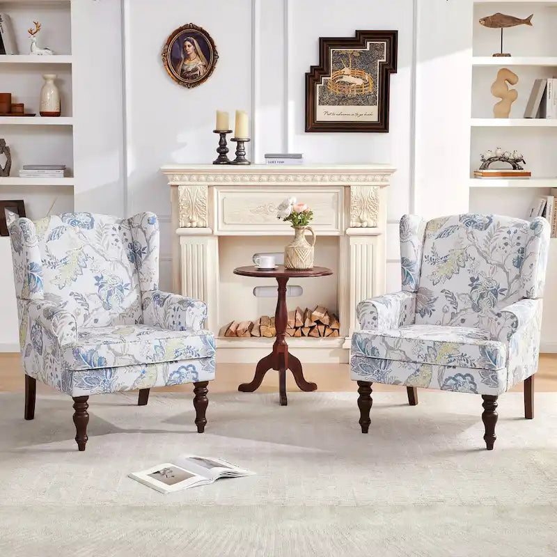 Set of 2 Accent Armchairs with Turned Legs in Blue, Beige, and Grey