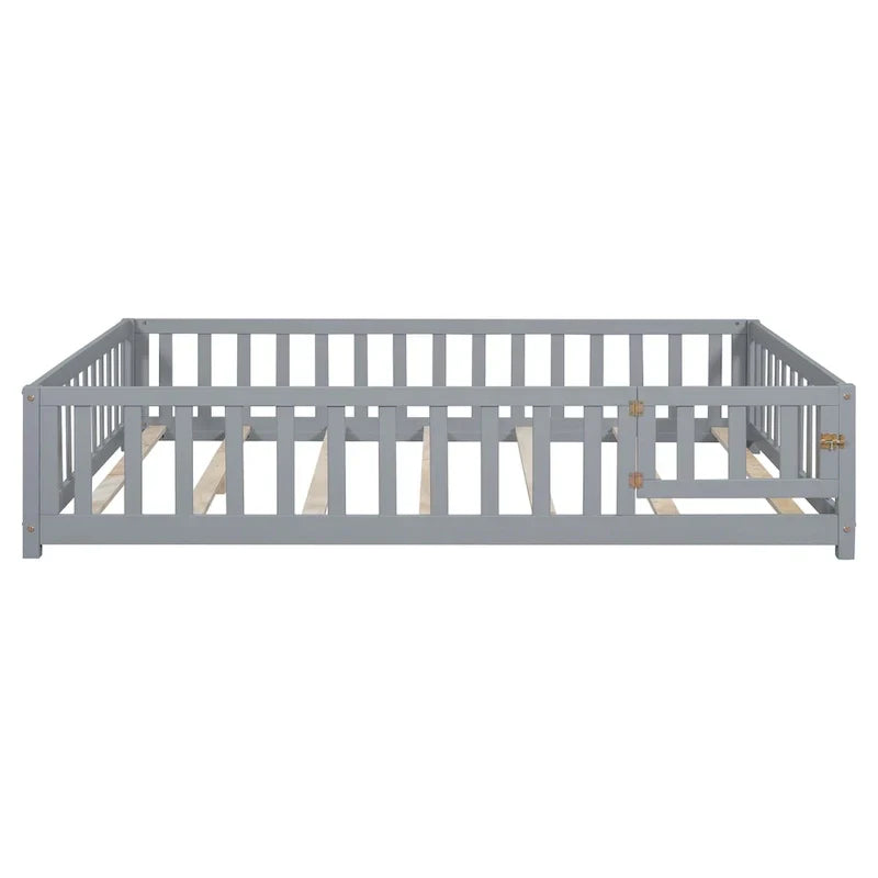 Kids' Full-Size Wooden Floor Bed with Fence and Door