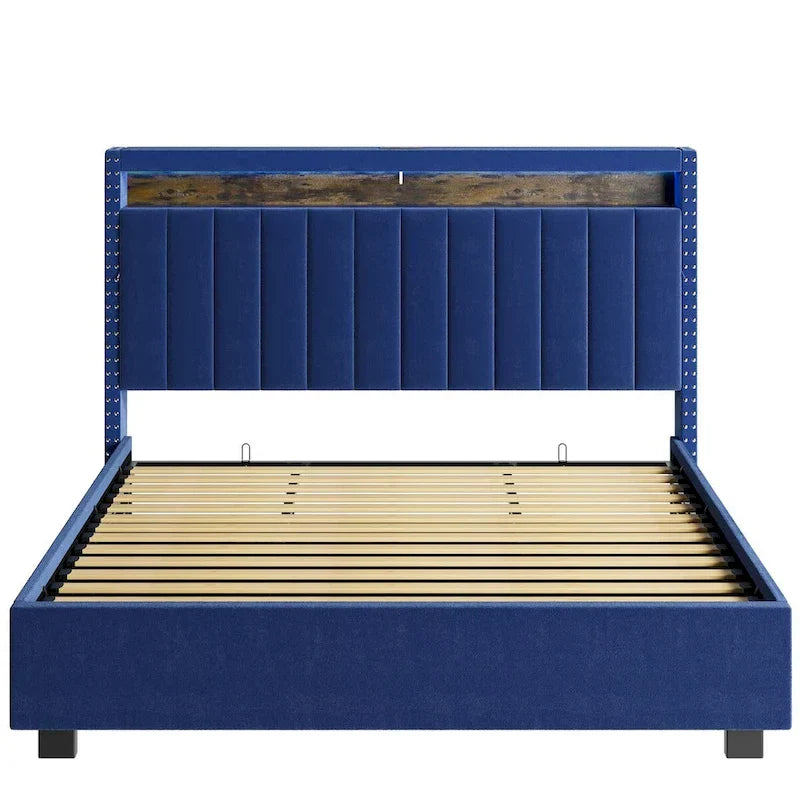 King Size Velvet Gas Lift Storage Bed with LED RF Lights and Storage Headboard