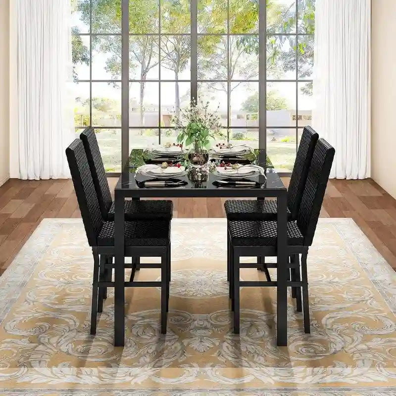 Grondin Contemporary 5-Piece Dining Set with Tempered Glass Table and 4 Diamond-Stitched PU Leather Chairs
