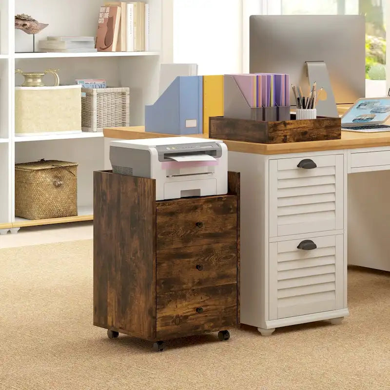 HOMCOM Mobile 3-Drawer Office Storage Cabinet with Removable Tray - Under-Desk Printer Stand on Wheels