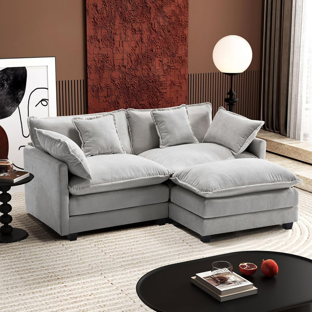 Ihanherry 146" U-Shaped Modern Sofa Modular Sectional Cloud Couch with 2 Ottoman, 6-Seat Chenille Deep Seat Sofa with 6 Pillows for Living Room, Bedroom and Apartment, Grey