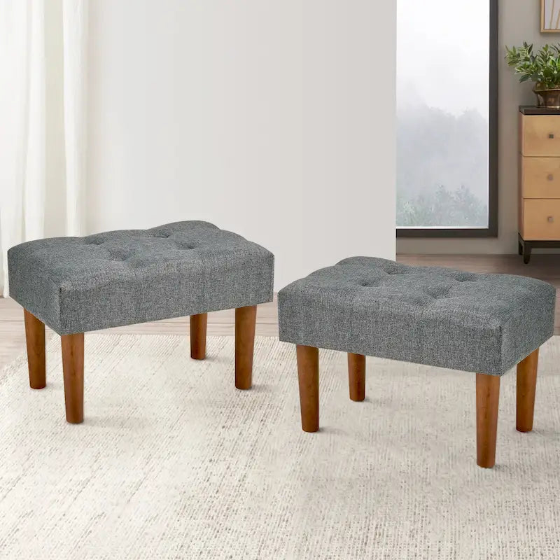 Set of 2 Small Linen Foot Stools with Legs - Rectangle Upholstered Ottoman Footrests