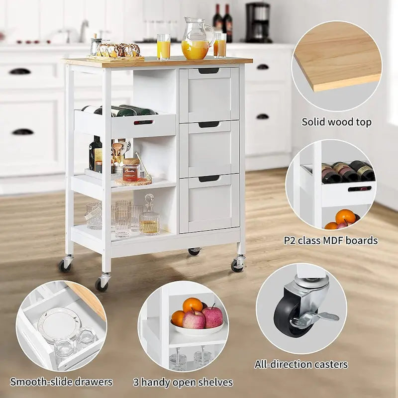 Kitchen Cart with Drawers Open Shelves and Wooden Top on Wheels
