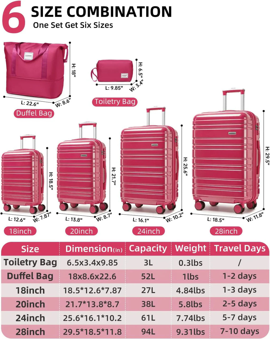 6-piece luggage set, expandable hardshell suitcase set with spinner wheels, lightweight rolling luggage set