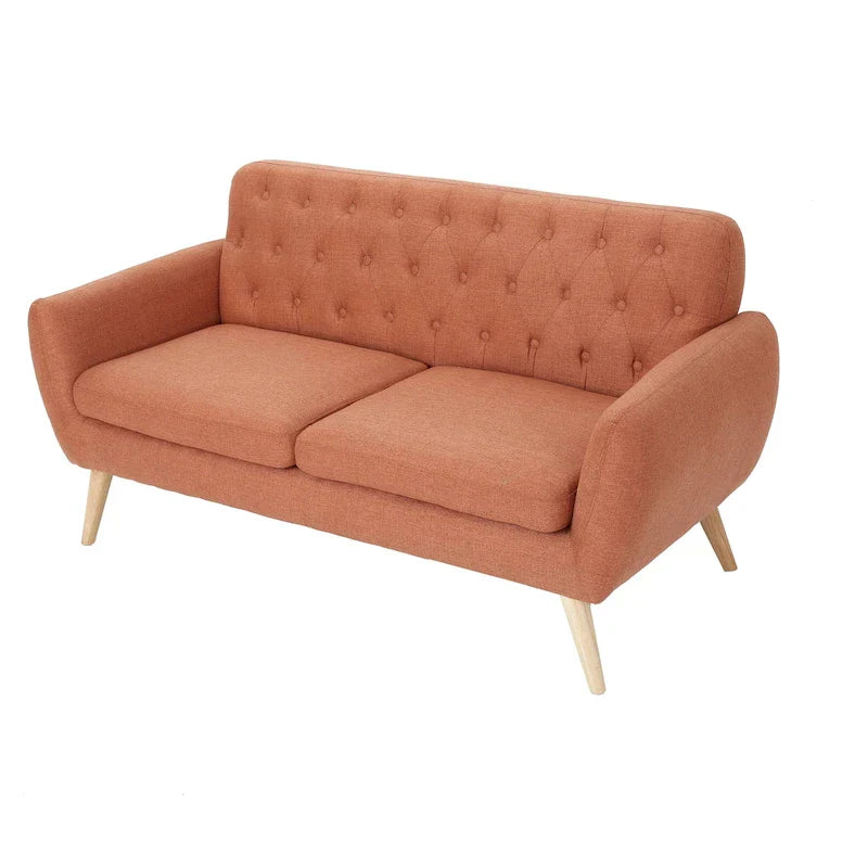 Mid Century Tufted Sofa with Cushioned Seat and Wooden Legs