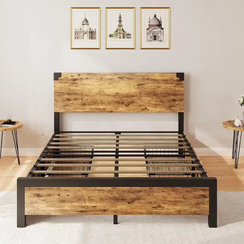 Metal Bed Frame with Wooden Headboard and 4 Storage Drawers
