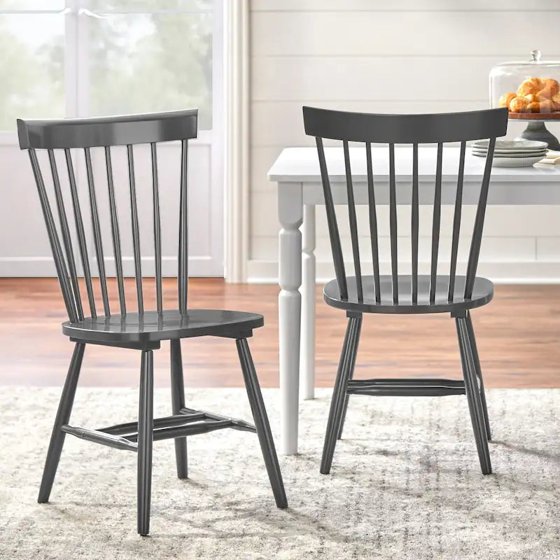Set of 2 Spindle Back Dining Chairs Solid Rubberwood Farmhouse Style
