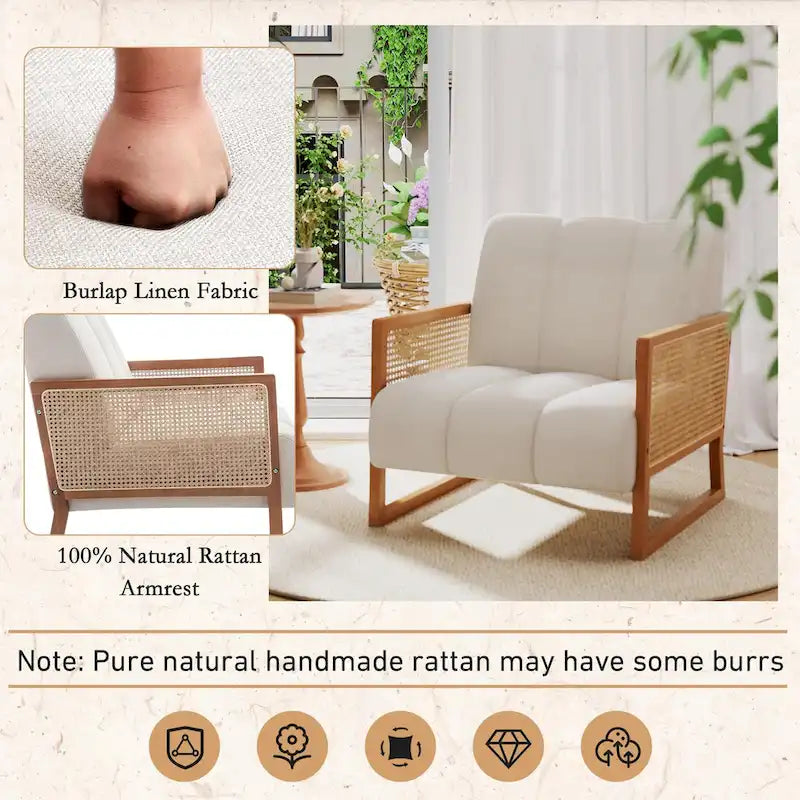 Mid-Century Modern Upholstered Rattan Accent Chairs - Natural Linen Armchairs for Living Room and Bedroom