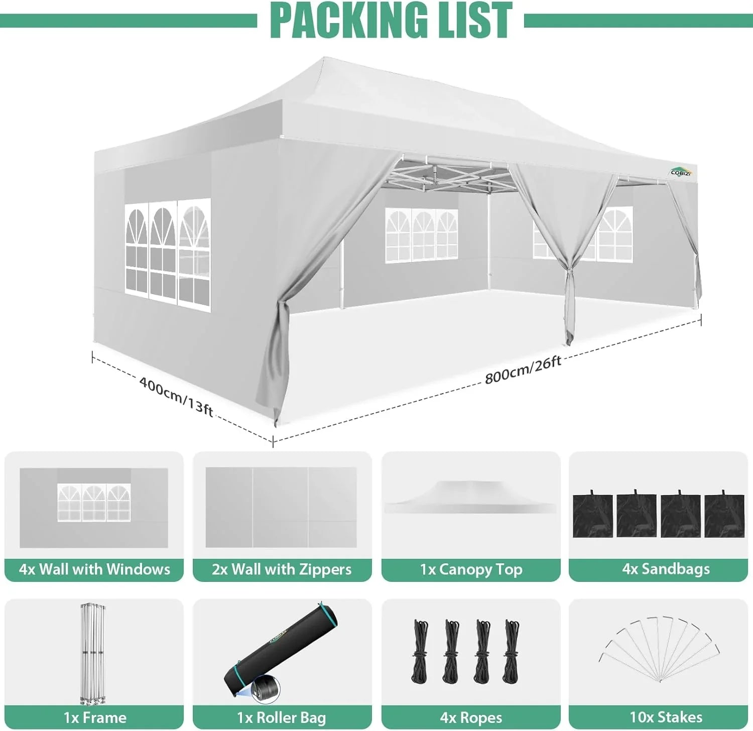 COBIZI 10x20 Heavy Duty Pop up Canopy Tent with 6 sidewalls Easy Up Commercial Outdoor Canopy Wedding Party Tents for Parties All Season Wind & Waterproof Gazebo with Roller Bag,Black(Frame Thickened)