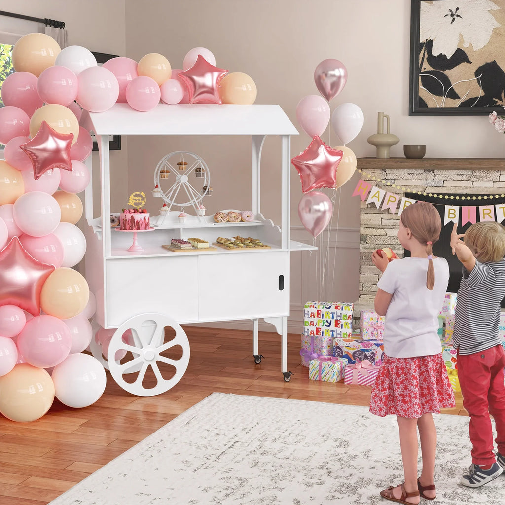 Candy Cart with Wheels for PartyWood Dessert Cart with Storage Cabinet
