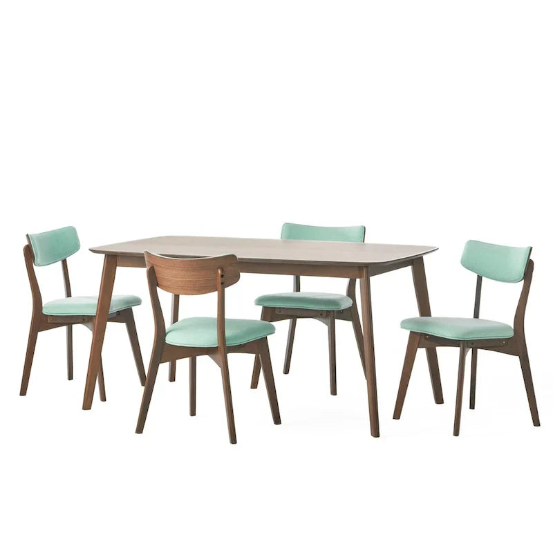 Mid Century Dining Table Set with 4 Upholstered Chairs and Wooden Frame