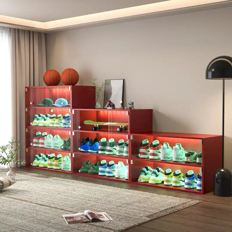 LED-Illuminated Glass Door Shoe Storage Cabinet for Sneakers