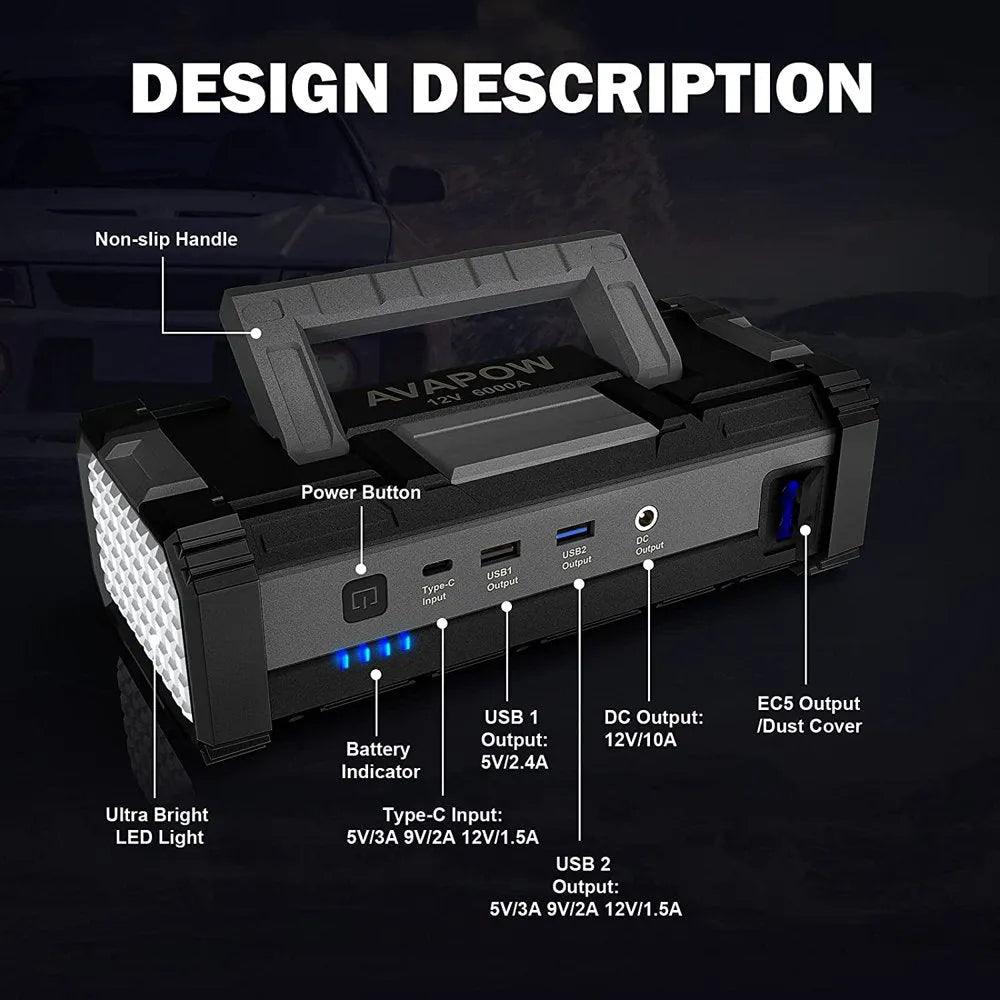 AVAPOW 6000A Car Battery Jump Starter with Dual USB Quick Charge and DC Output, 12V Jump Pack with Built-In LED Bright Light