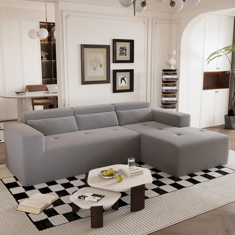 L Shaped Sectional Sofa with Upholstered Cushions and Modular Design