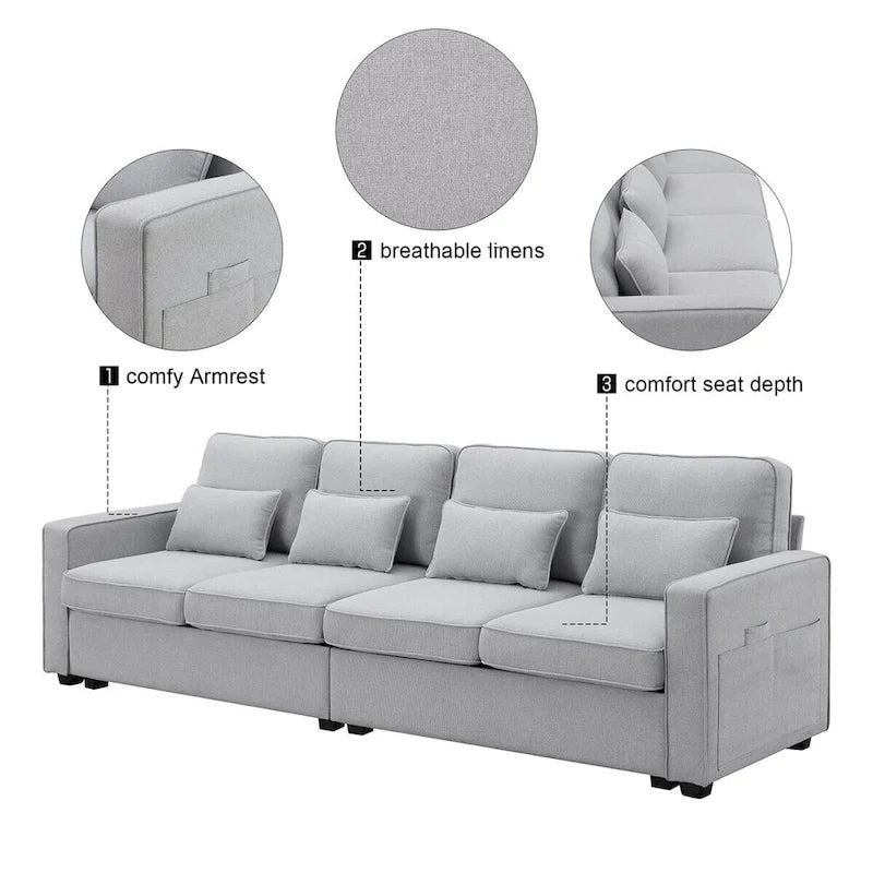 Merax 104 Modern 4-Seater Linen Sofa with Armrest Pockets and 4 Pillows - Minimalist Design