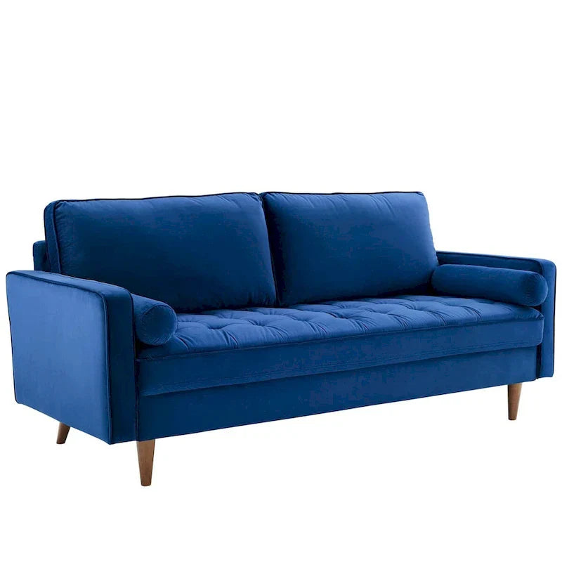 Mid Century Velvet Sofa with Tufted Back and Wooden Legs