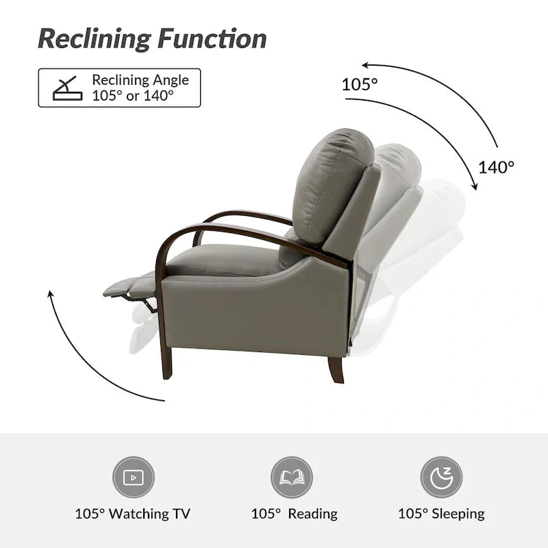 Set of 2 Alex Mid-Century Modern Genuine Leather Manual Recliners with Curved Wooden Arms