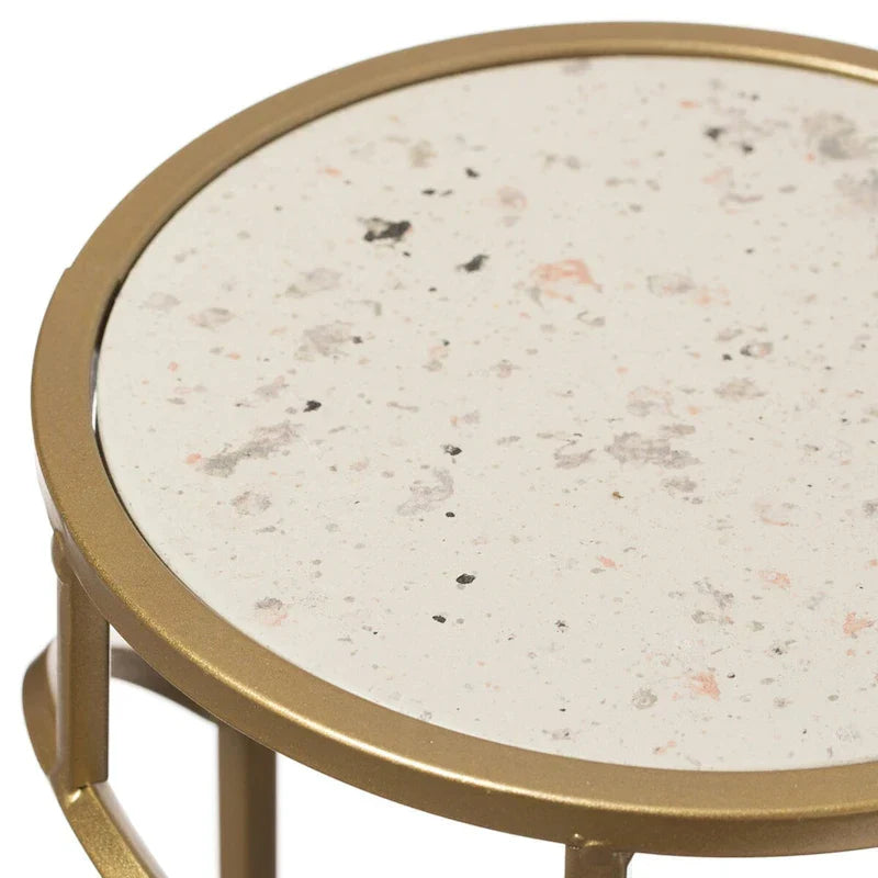 Set of 3 Decorative Gold Metal Round Plant Stands with Modern White Marble Top - Stylish End Side Tables
