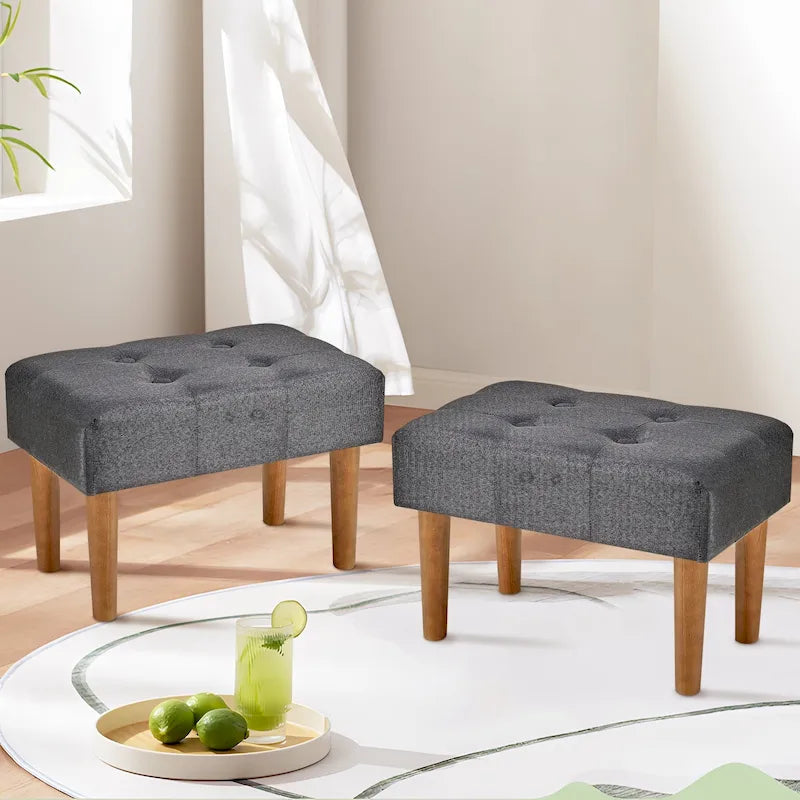 Set of 2 Small Linen Foot Stools with Legs - Rectangle Upholstered Ottoman Footrests
