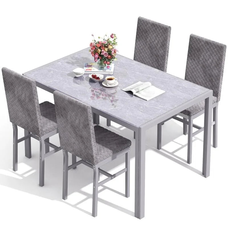 Grondin Contemporary 5-Piece Dining Set with Tempered Glass Table and 4 Diamond-Stitched PU Leather Chairs