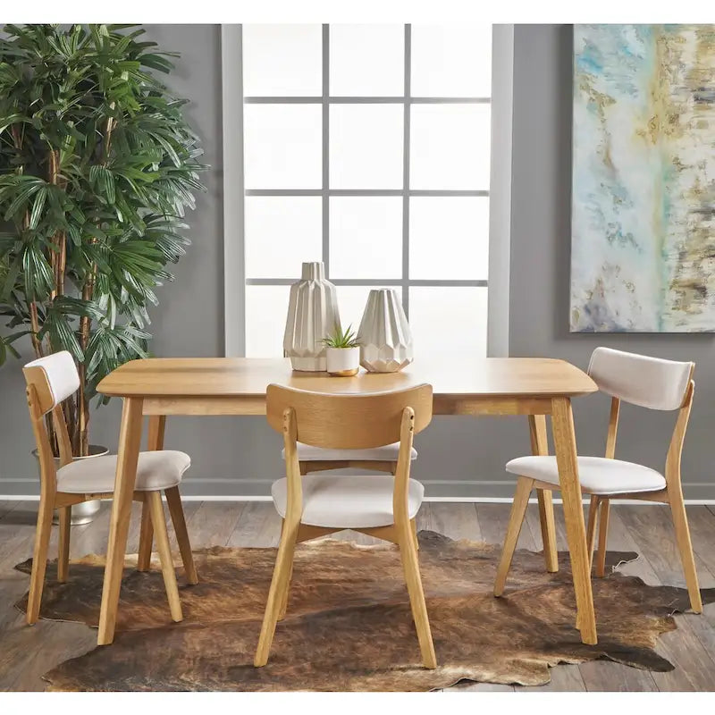 Mid Century Dining Table Set with 4 Upholstered Chairs and Wooden Frame