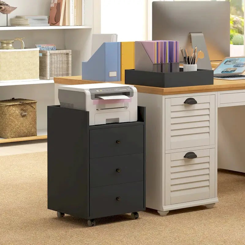 HOMCOM Mobile 3-Drawer Office Storage Cabinet with Removable Tray - Under-Desk Printer Stand on Wheels