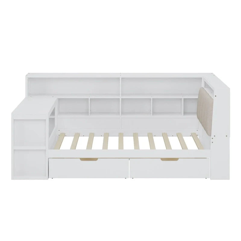 L-shaped Wooden Sofa Daybed with Desk, Bookcase Cabinet, Corner Bed with Under-bed Drawers, Upholstered Headboard Built-in Light