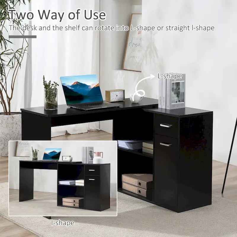 HOMCOM L-Shaped Corner Computer Desk with Rotating Storage Shelves and Drawer for Home and Office Workspaces