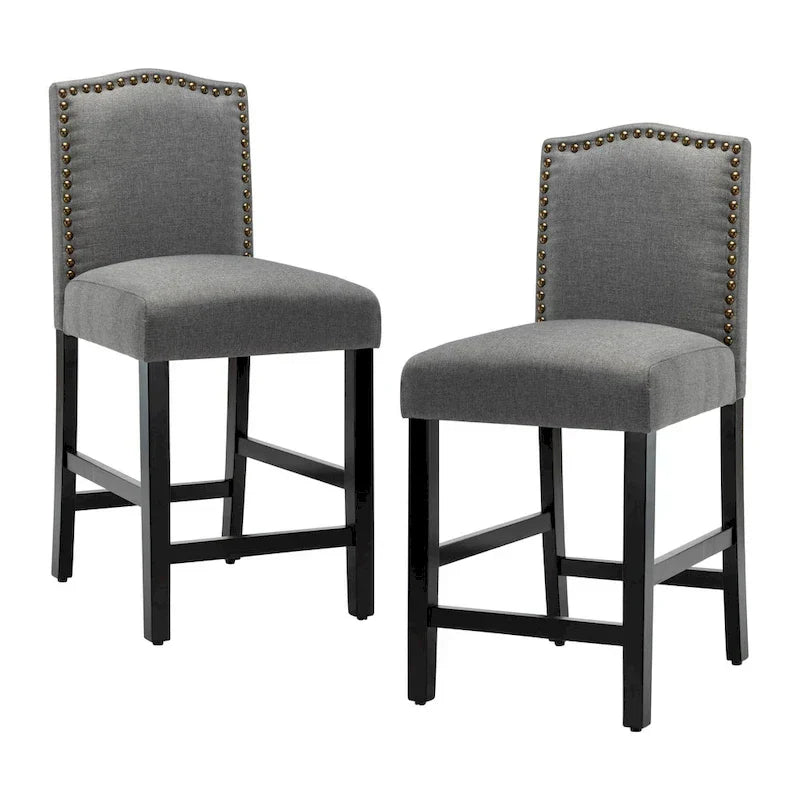 Set of 2 Counter Height Bar Stools with Back - 24-Inch Fabric Upholstered Design and Nailhead Trim