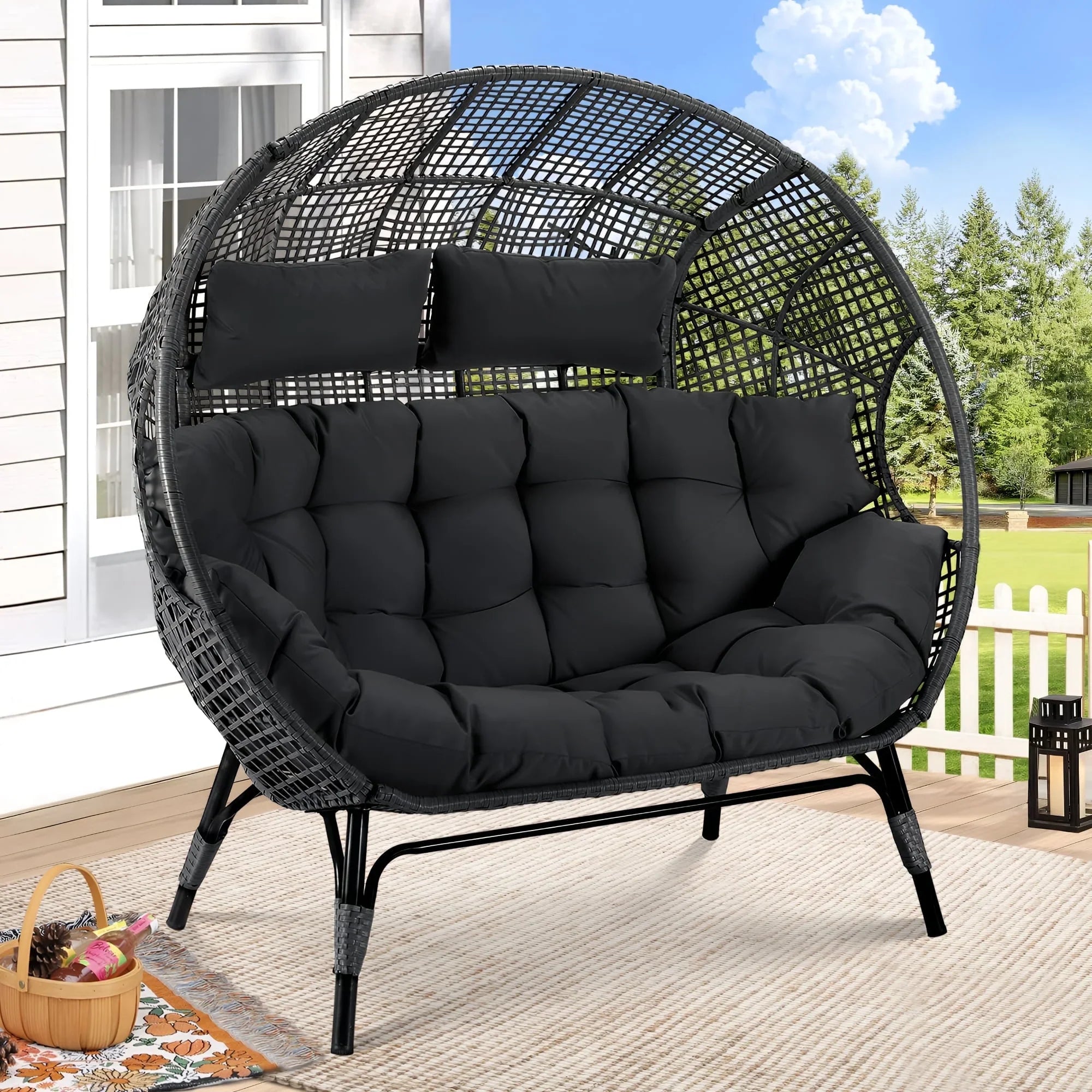 RADIATA Double Egg Chair for 2 Person, Oversized Wicker Loveseat with Thick Cushions, 680 lbs Capacity, Indoor Outdoor Stationary Patio Lounge Chair for Balcony, Garden, Beige