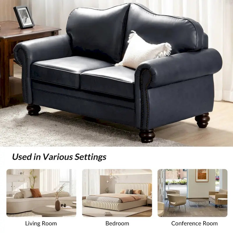 Leather Loveseat Sofa with Rolled Arms and Nailhead Trim
