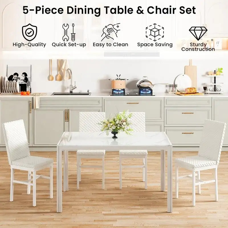 Grondin Contemporary 5-Piece Dining Set with Tempered Glass Table and 4 Diamond-Stitched PU Leather Chairs