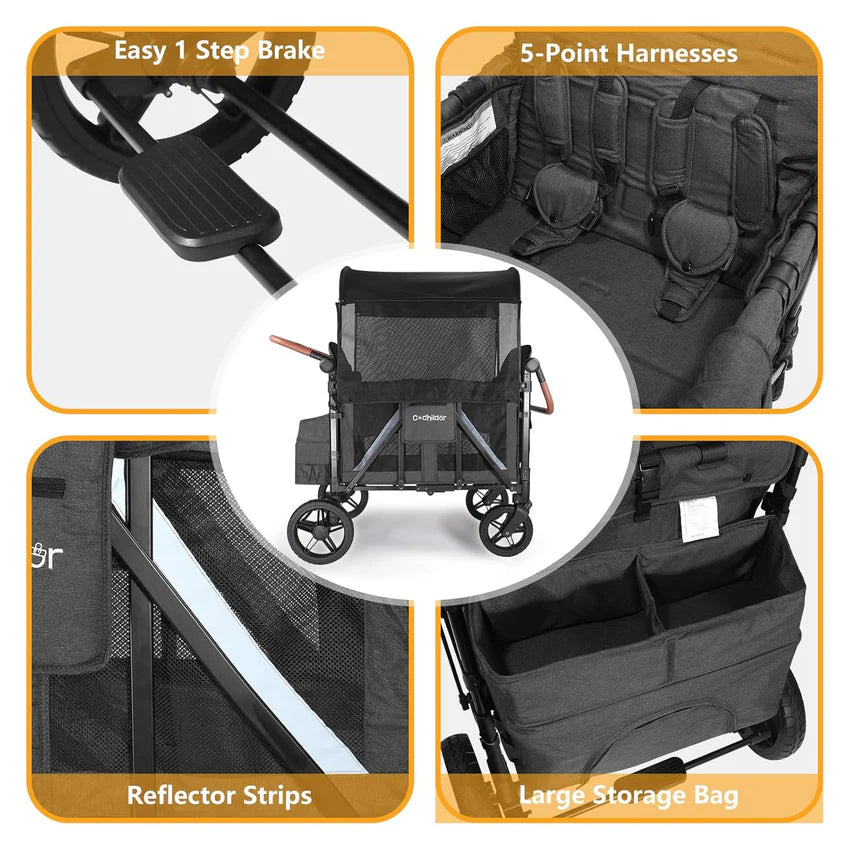 All-Terrain 4 Seater Wagon Stroller for Kids - Heavy-Duty 300lb Capacity, One-Hand Fold Design, High Seats with 5-Point Harness, Adjustable Canopy and Handlebars, Light Grey