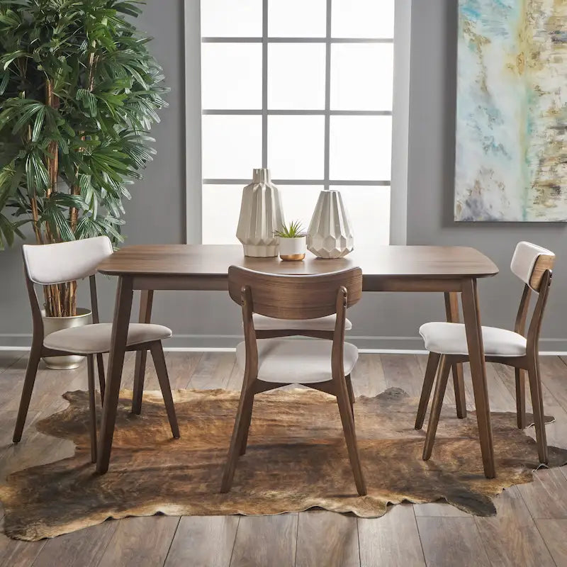 Mid Century Dining Table Set with 4 Upholstered Chairs and Wooden Frame
