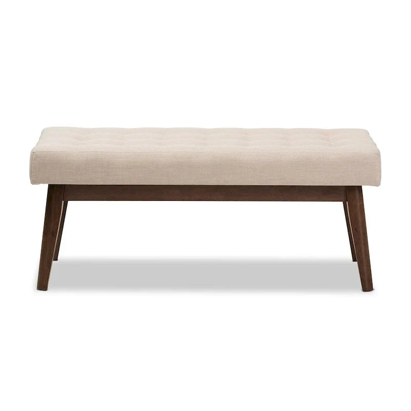 Mid Century Upholstered Bench with Tufted Seat and Wooden Legs