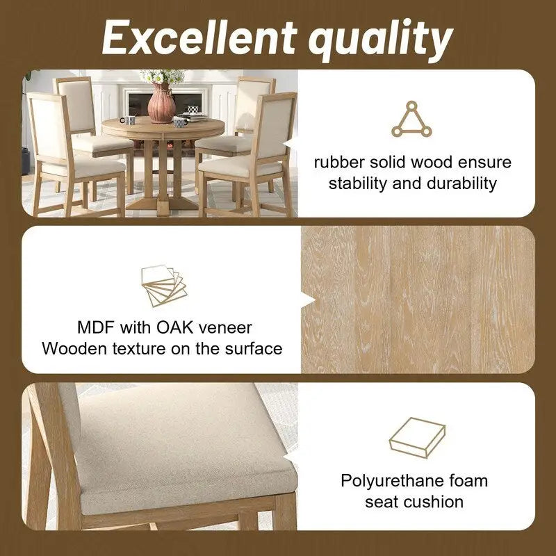 5-Piece Dining Set Extendable Round Table and 4 Upholstered Chairs Farmhouse Dining Set for Kitchen, Dining Room
