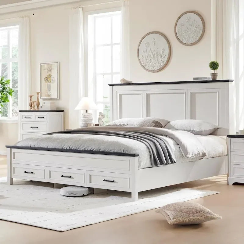 Farmhouse King Wood Bed Frame with Headboard, Platform Bedframe