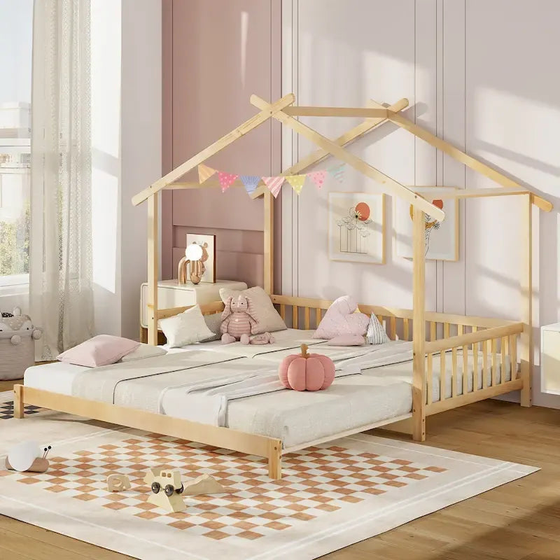 Gymax Twin to King Wooden House Bed Daybed with Safety Rails & Customizable Design
