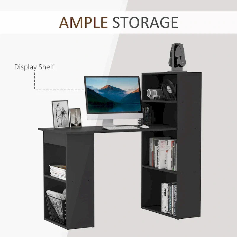 HOMCOM Modern Compact Computer Desk with 6-Tier Storage Shelves - Writing Table Workstation with Integrated Bookshelf for Home Office