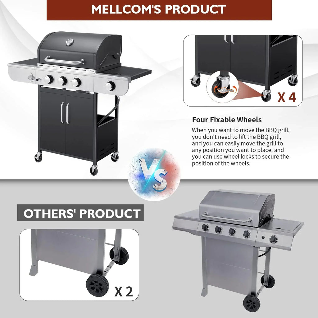 Upgraded 4 Burner BBQ Propane Gas Grill with Cast Iron Grates & Side Stove, 44,000 BTU Stainless Steel Burner Barbecue Grill for Patio, Camping, Outdoor Cooking MELLCOM