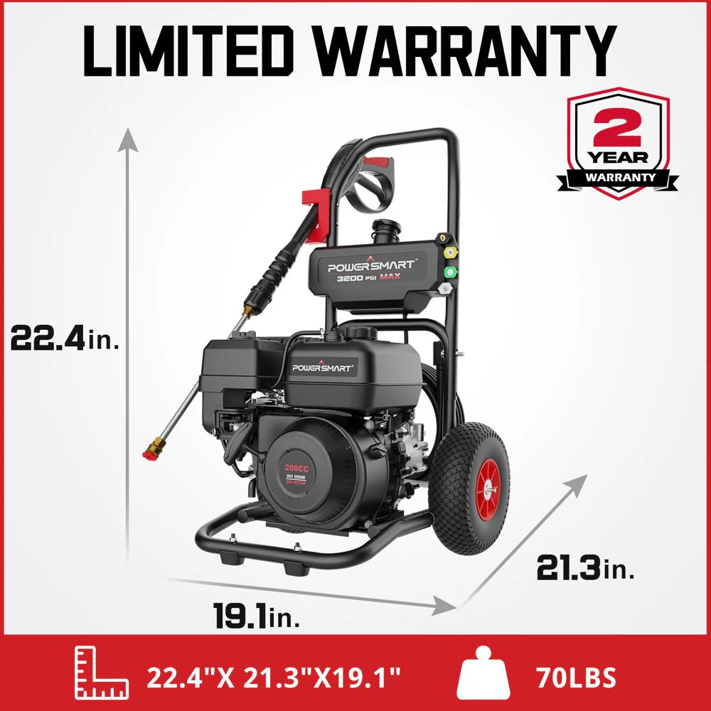 PowerSmart 3200PSI Gas Pressure Washer with 5 Nozzles & Soap Tank