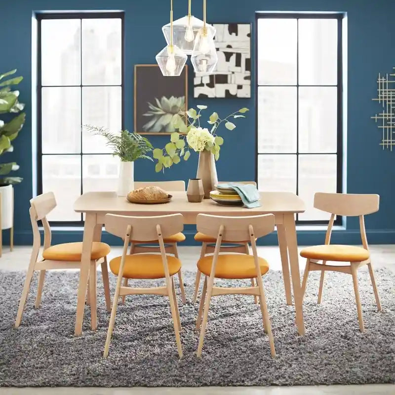Mid Century Dining Table Set with 6 Upholstered Chairs and Wooden Frame